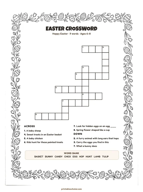 Printable easter crossword puzzle for kids — Hoppy Easter, easy, 9 words