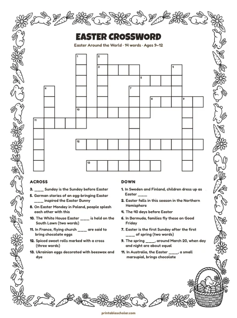 Printable easter crossword puzzle for kids — Easter Around the World, hard, 14 words
