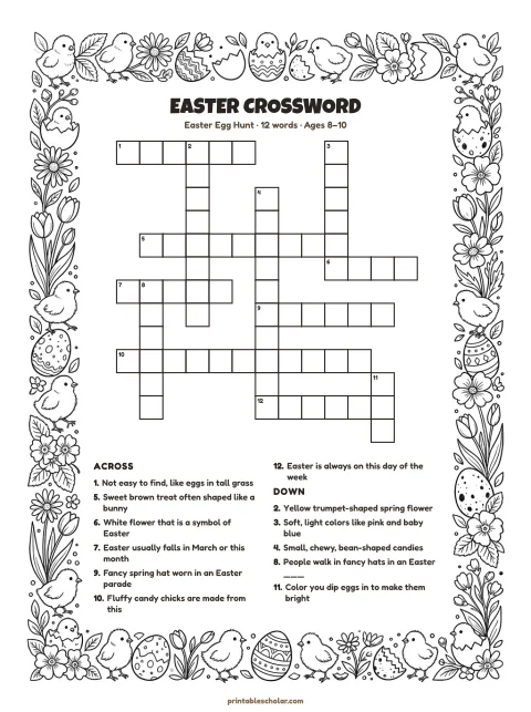 Printable easter crossword puzzle for kids — Easter Egg Hunt, medium, 12 words
