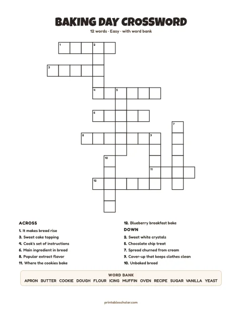 Easy printable crossword puzzle: Baking Day, 12 words