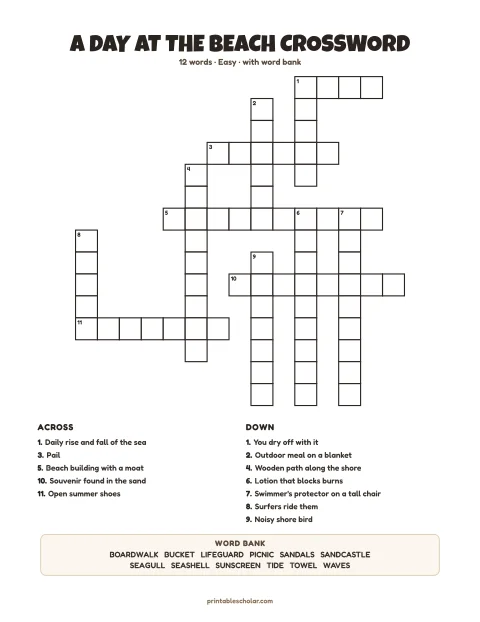 Easy printable crossword puzzle: A Day at the Beach, 12 words