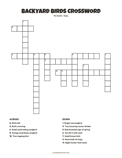Easy printable crossword puzzle: Backyard Birds, 12 words