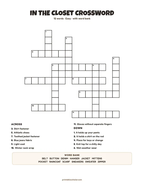 Easy printable crossword puzzle: In the Closet, 12 words