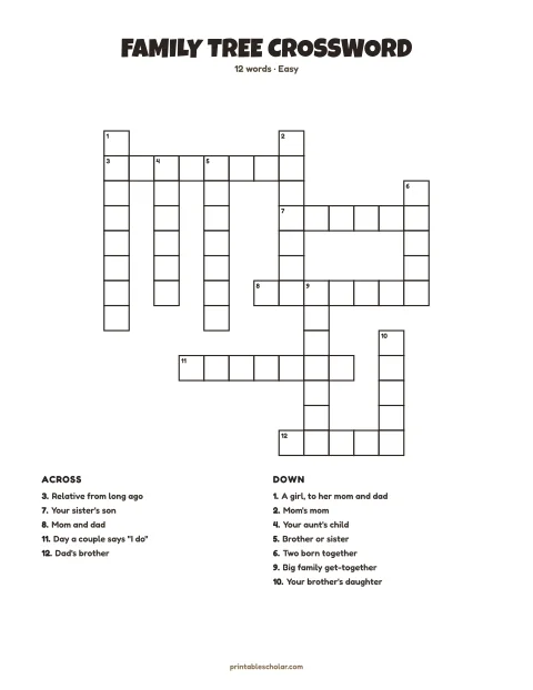Easy printable crossword puzzle: Family Tree, 12 words