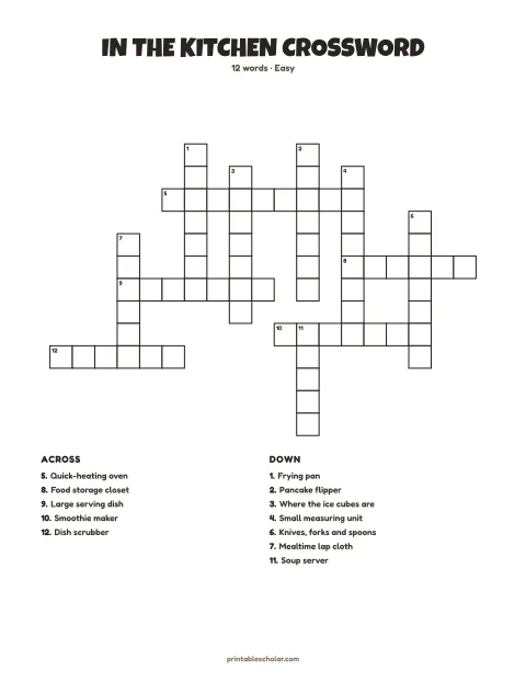 Easy printable crossword puzzle: In the Kitchen, 12 words