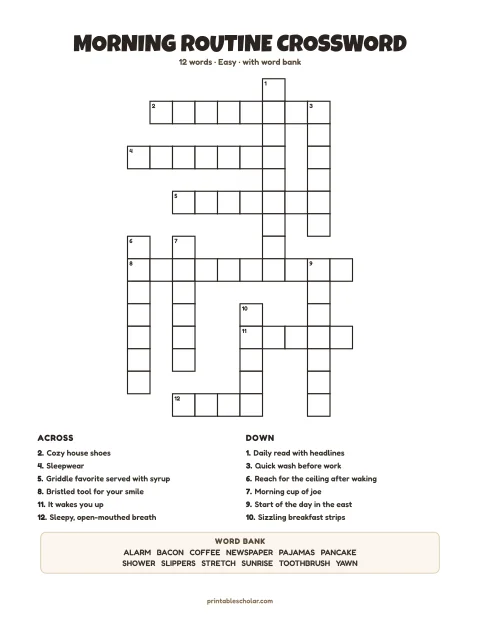 Easy printable crossword puzzle: Morning Routine, 12 words