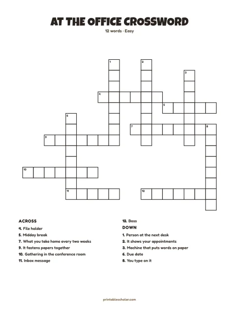 Easy printable crossword puzzle: At the Office, 12 words
