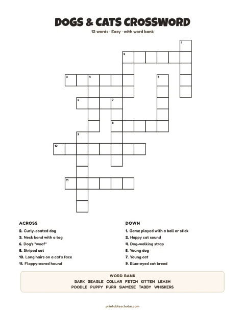Easy printable crossword puzzle: Dogs & Cats, 12 words
