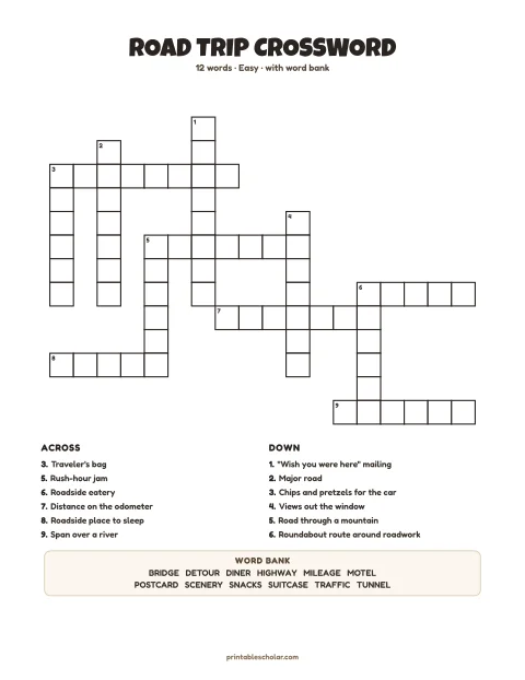 Easy printable crossword puzzle: Road Trip, 12 words