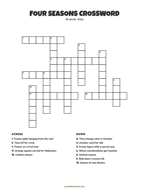 Easy printable crossword puzzle: Four Seasons, 12 words