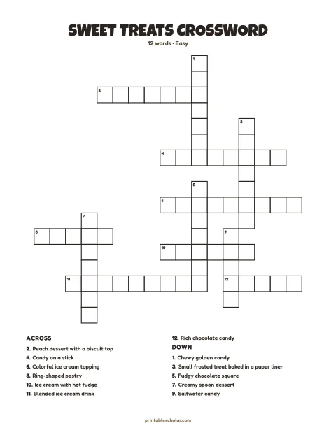 Easy printable crossword puzzle: Sweet Treats, 12 words