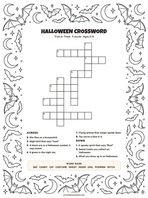Printable halloween crossword puzzle for kids — Trick or Treat, easy, 9 words