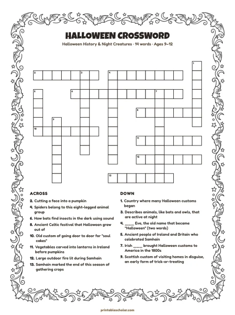 Printable halloween crossword puzzle for kids — Halloween History & Night Creatures, hard, 14 words