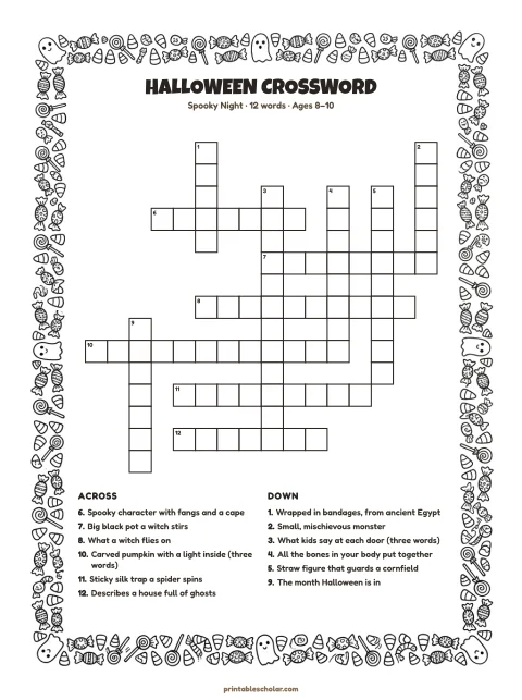 Printable halloween crossword puzzle for kids — Spooky Night, medium, 12 words