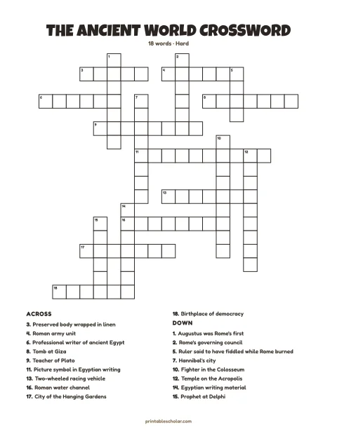 Hard printable crossword puzzle for adults: The Ancient World, 18 words