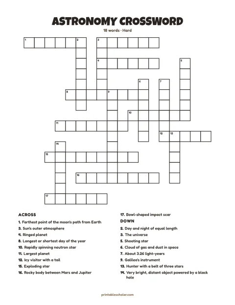 Hard printable crossword puzzle for adults: Astronomy, 18 words