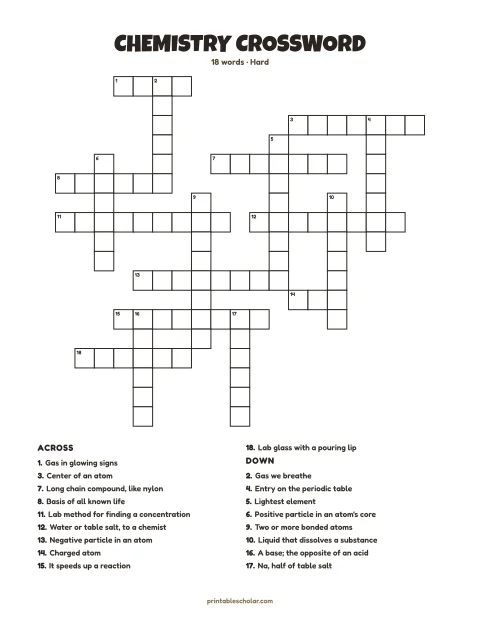 Hard printable crossword puzzle for adults: Chemistry, 18 words