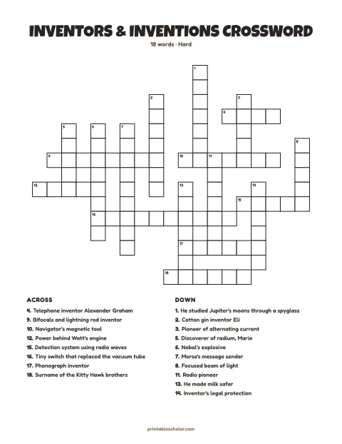Hard printable crossword puzzle for adults: Inventors & Inventions, 18 words