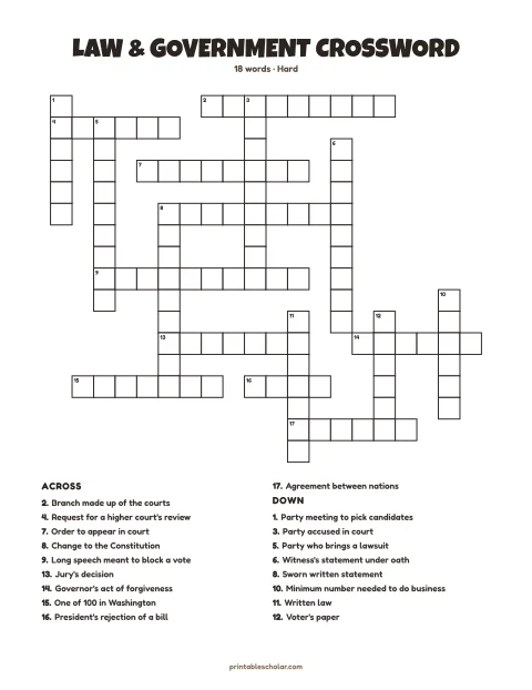 Hard printable crossword puzzle for adults: Law & Government, 18 words