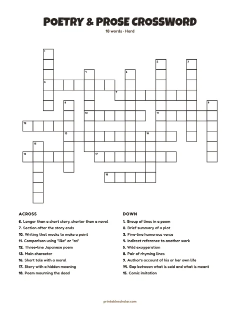 Hard printable crossword puzzle for adults: Poetry & Prose, 18 words