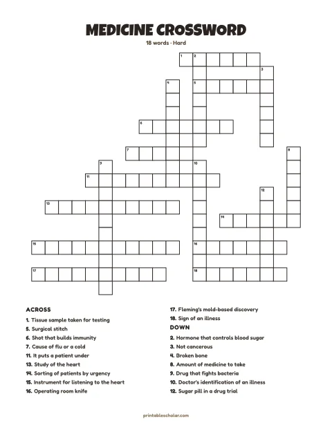 Hard printable crossword puzzle for adults: Medicine, 18 words