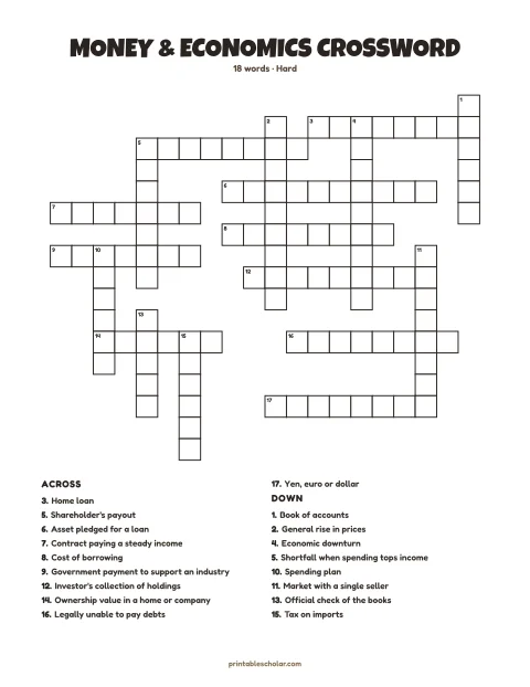 Hard printable crossword puzzle for adults: Money & Economics, 18 words