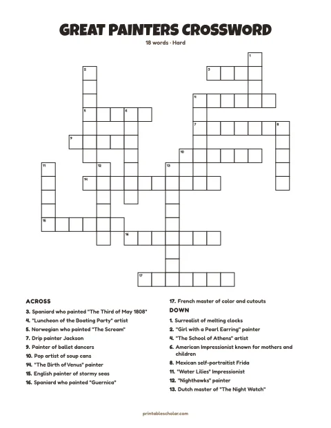 Hard printable crossword puzzle for adults: Great Painters, 18 words