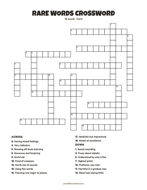Hard printable crossword puzzle for adults: Rare Words, 18 words