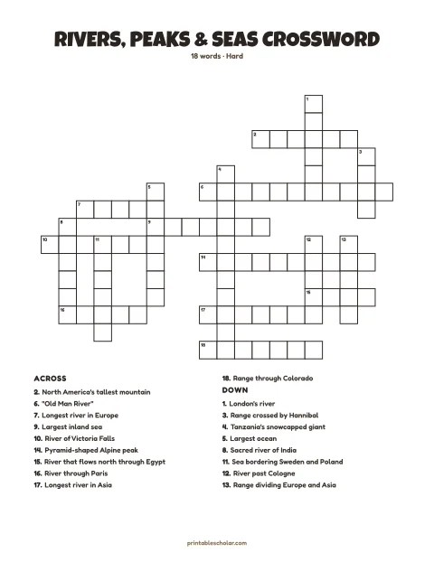 Hard printable crossword puzzle for adults: Rivers, Peaks & Seas, 18 words
