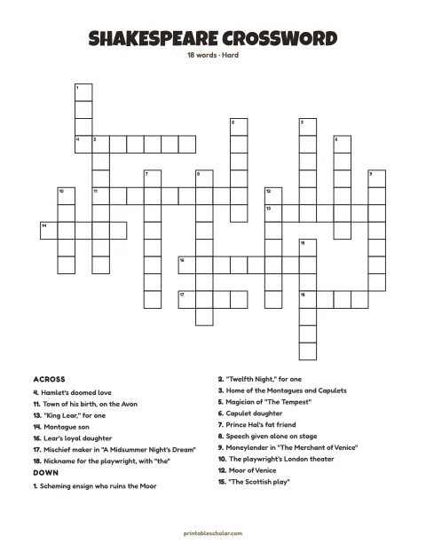 Hard printable crossword puzzle for adults: Shakespeare, 18 words