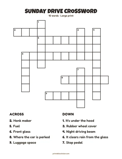 Large print crossword puzzle for seniors: Sunday Drive, 10 words