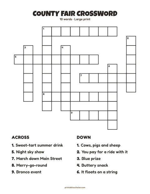 Large print crossword puzzle for seniors: County Fair, 10 words