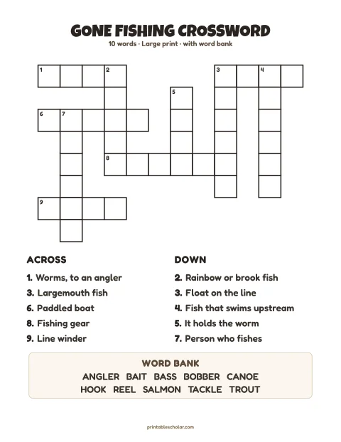 Large print crossword puzzle for seniors: Gone Fishing, 10 words