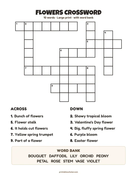Large print crossword puzzle for seniors: Flowers, 10 words