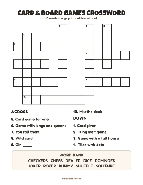 Large print crossword puzzle for seniors: Card & Board Games, 10 words