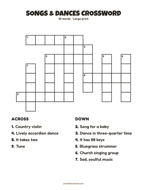 Large print crossword puzzle for seniors: Songs & Dances, 10 words