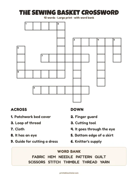 Large print crossword puzzle for seniors: The Sewing Basket, 10 words