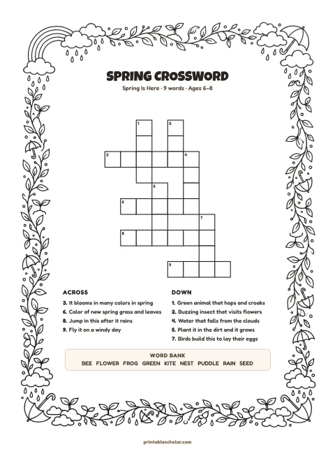 Printable spring crossword puzzle for kids — Spring Is Here, easy, 9 words
