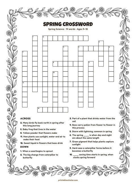 Printable spring crossword puzzle for kids — Spring Science, hard, 14 words