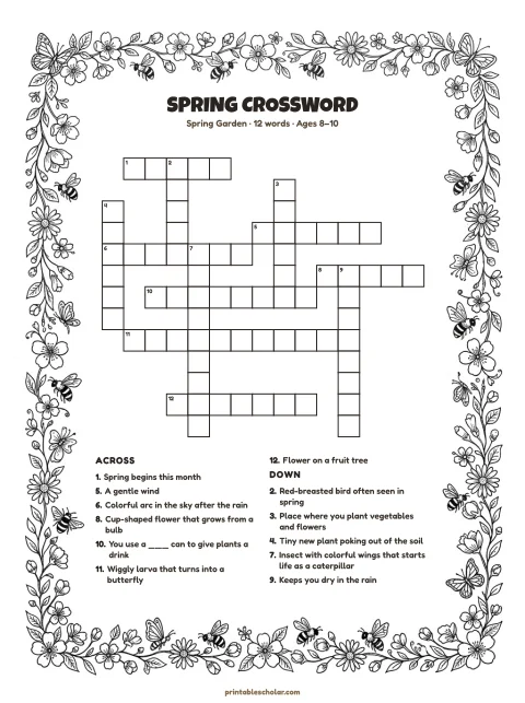 Printable spring crossword puzzle for kids — Spring Garden, medium, 12 words