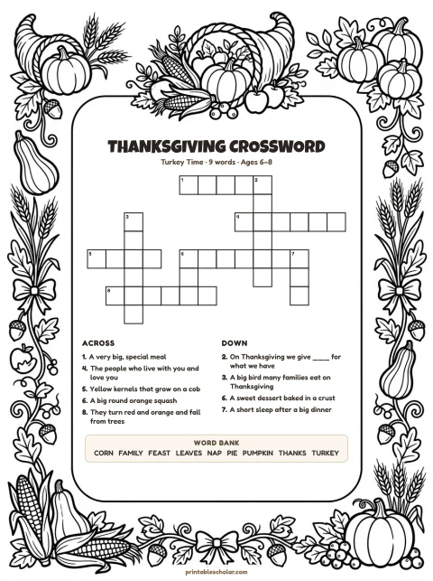 Printable thanksgiving crossword puzzle for kids — Turkey Time, easy, 9 words