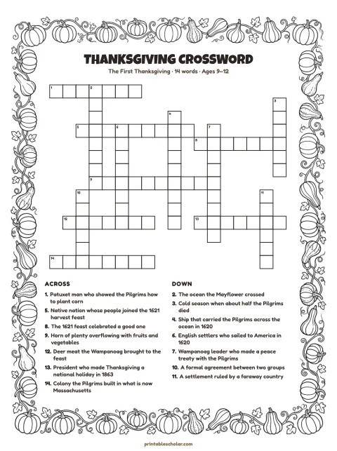 Printable thanksgiving crossword puzzle for kids — The First Thanksgiving, hard, 14 words