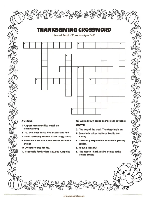 Printable thanksgiving crossword puzzle for kids — Harvest Feast, medium, 12 words