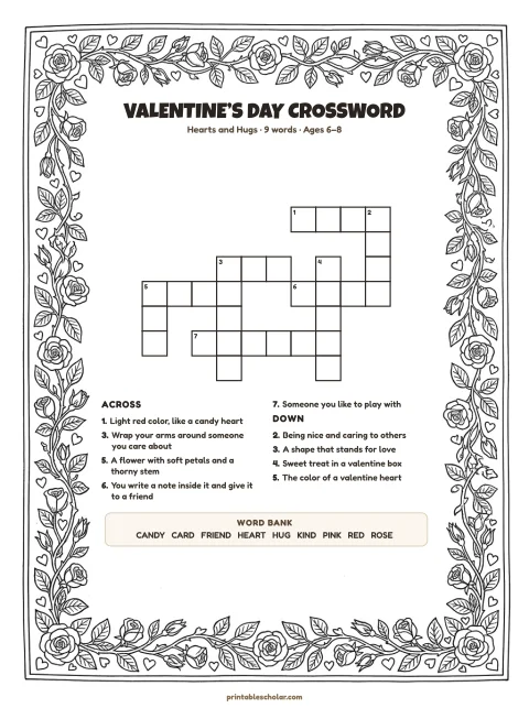 Printable valentine’s day crossword puzzle for kids — Hearts and Hugs, easy, 9 words