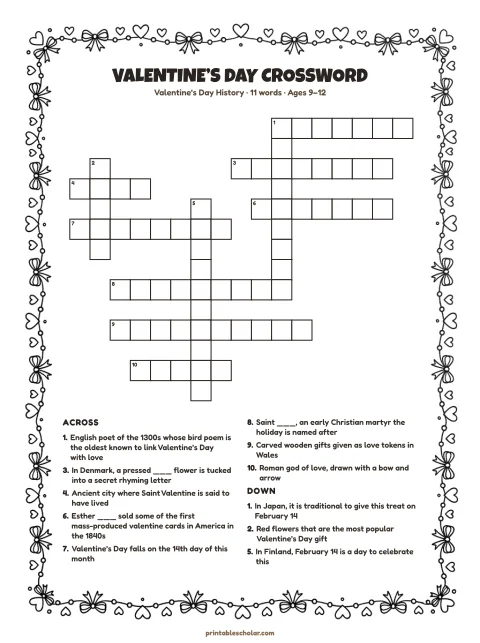 Printable valentine’s day crossword puzzle for kids — Valentine’s Day History, hard, 11 words