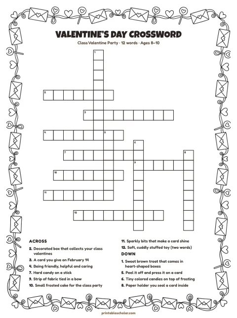 Printable valentine’s day crossword puzzle for kids — Class Valentine Party, medium, 12 words