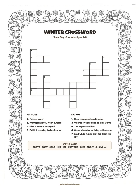 Printable winter crossword puzzle for kids — Snow Day, easy, 9 words
