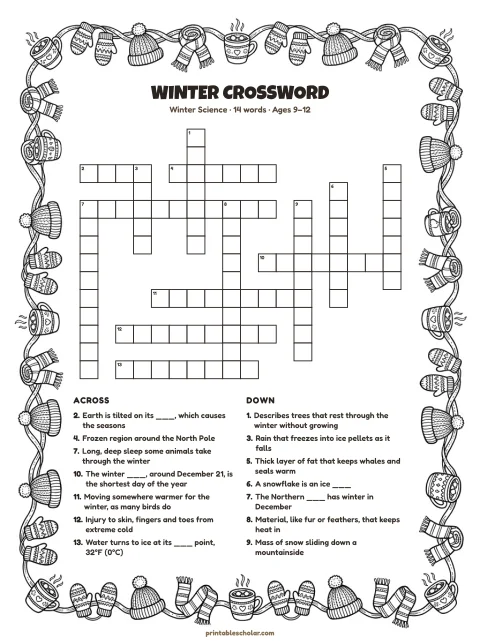 Printable winter crossword puzzle for kids — Winter Science, hard, 14 words