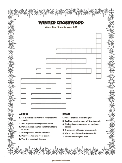 Printable winter crossword puzzle for kids — Winter Fun, medium, 12 words