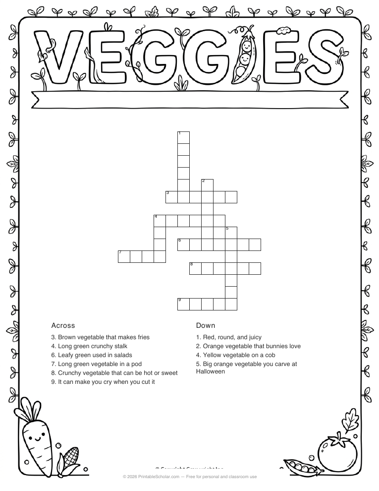 Vegetables crossword printable worksheet preview